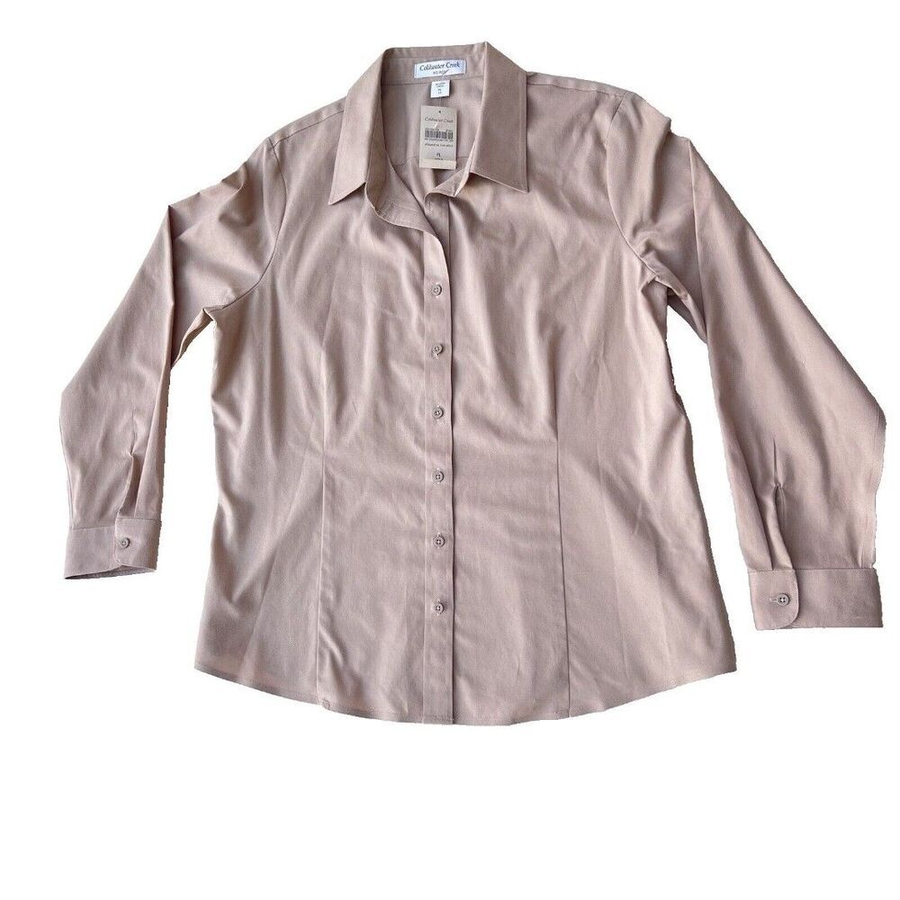 Coldwater Creek No-Iron Button-Up Shirt womens casual long sleeve tan Size PL 14